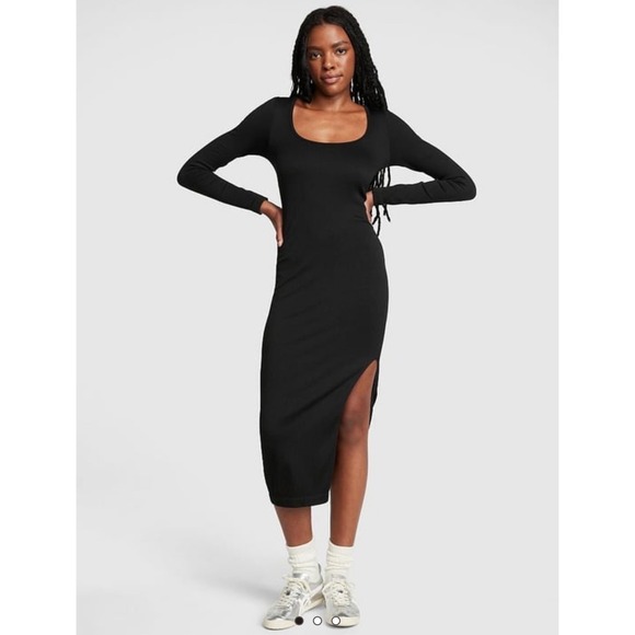 PINK Victoria's Secret Dresses & Skirts - Chloe X Halle PINK Black Large Long Sleeve Ribbed Midi Dress Mob Wife, Y2K